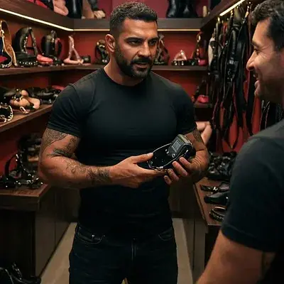 La compra de una jaula de castidad en la sex shop - Bild